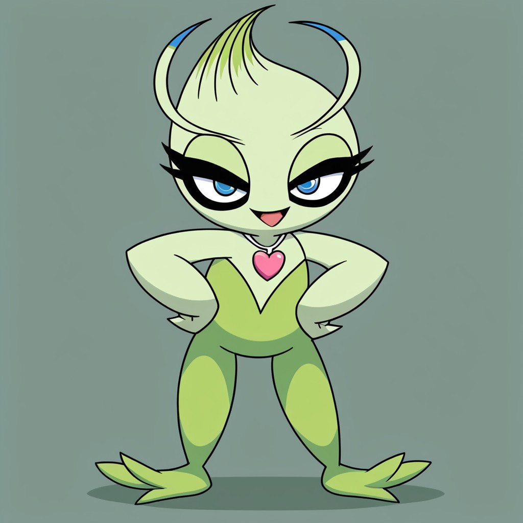 (((Celebi))), pokemon (creature), green skin BREAK score_9, score_8, score_7, posing, (((girly))), (((long eyelashes))), (((female))), (((Disney))), flat colors BREAK ((((((front view)))))), (((looking at viewer))), (((looking straight ahead))), ((((smug)))), (((eyelashes))), (((wearing pink heart necklace with string))), tough, solo, happy, smirking, smiling, (((flirty))), feral, (((standing tall))), ((((((full body view)))))), standing confidently, (((smirk))), sneer, leering, (((open eyes))), (((open mouth))), sassy BREAK head held high, solo, legs apart, (((hands on hips))), (((standing on tip toes)))