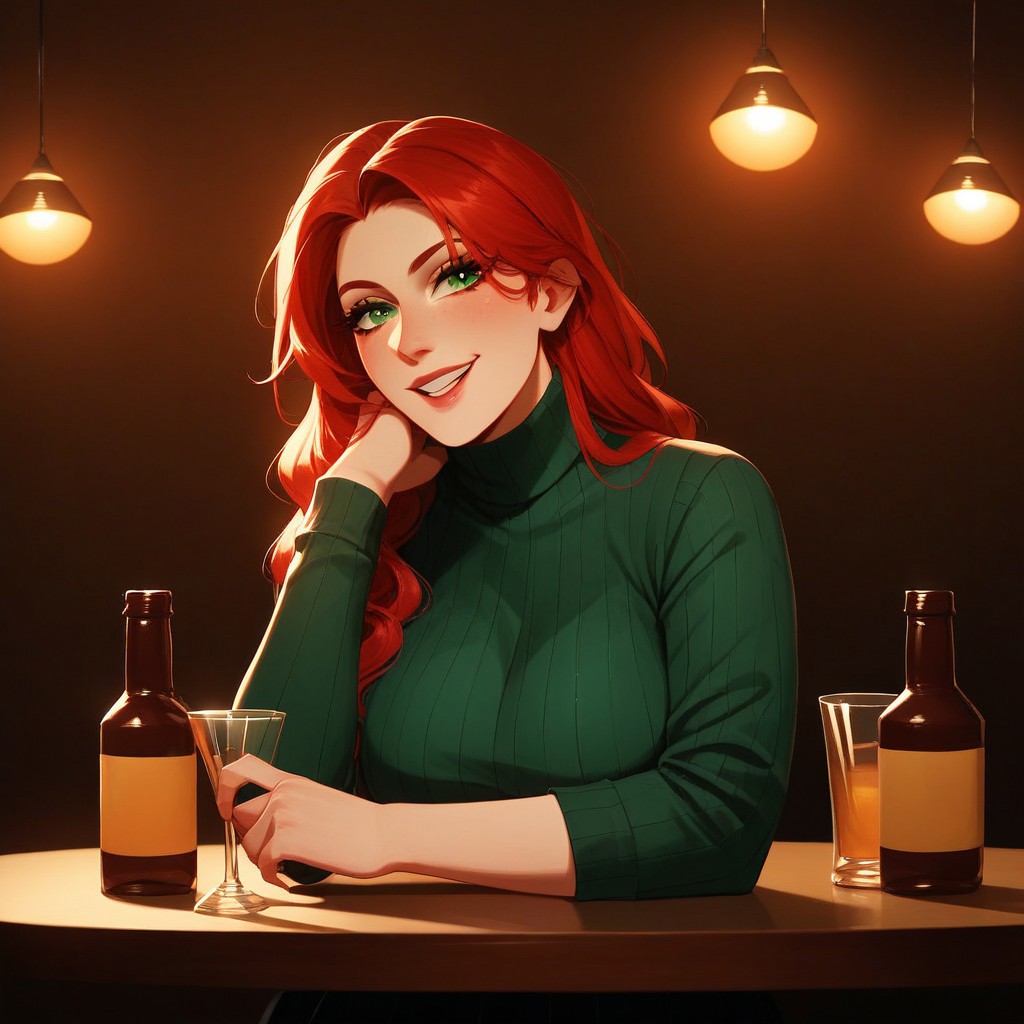 score_9, score_8_up, score_8, sinfully stylish, dramatic lighting, soft light, long shadows, a beautiful mature woman, red hair, green eyes, pale skin, wearing a black turtleneck with rhinestones, (wrinkles:0.5), (freckles:0.5), (chubby body:0.5), 40 years old, sitting at a table in a dive bar, background is a bar, bottles, bartender, stools, happy, sparkling green eyes, (smile:0.7), flirty