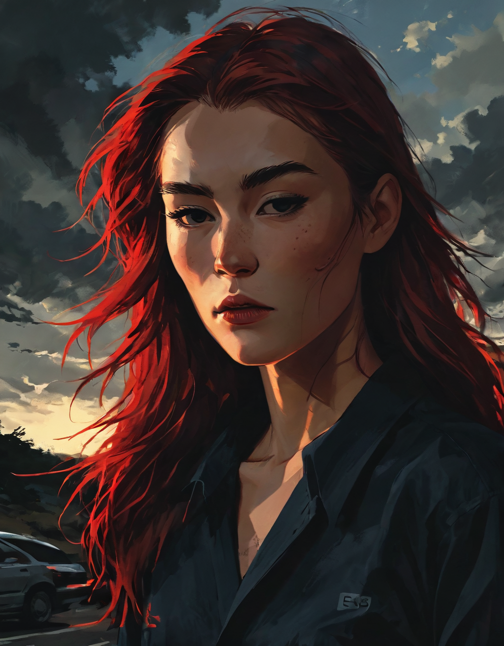 hyperrealistic wide shot dark and gritty impactful paint of a waiflike norwegian mad female politician wearing a bycocket and calvin klein clothes  staring into the horizon on a road trip, long berry hair, outside in Japan in the afternoon fall, inspired by futuristic anime, dramatic cinematic rembrandt lighting<lora:The_Pulp_Session:0.90>