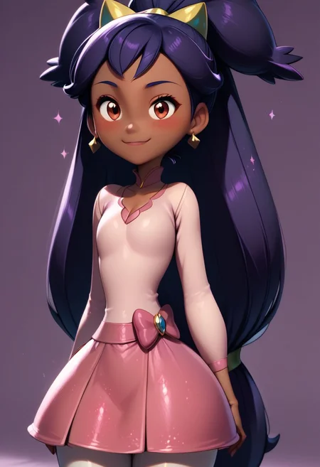 (score_9, score_8_up:1.1), score_7_up,
subsurface scattering,
purple theme background,glitter,sparkles,shiny,1girl, Live - action adaptation of a 3d character, 1girl, solo,
BREAK,
curvy,
iris \(pokemon\), purple hair, long hair, red eyes, dark skin, big hair, hair ornament, white leggings, long sleeves, miniskirt, pink skirt,
wide hips, curvy,
BREAK,
charming face, smile, closed mouth, blushing, looking at viewer,