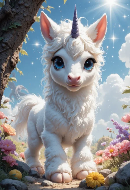 a little cute baby unicorn. stanting. big blue eyes. fluffy soft fur. purple horn. little flowers. sun in background.
illustration, perfect composition, intricate details, atmospheric lighting, streaks of light
Masterpiece, vibrant colors, very detailed, midjourneyv6.1, detail background, detailed, sparkling effect, sparkling, Fluffy