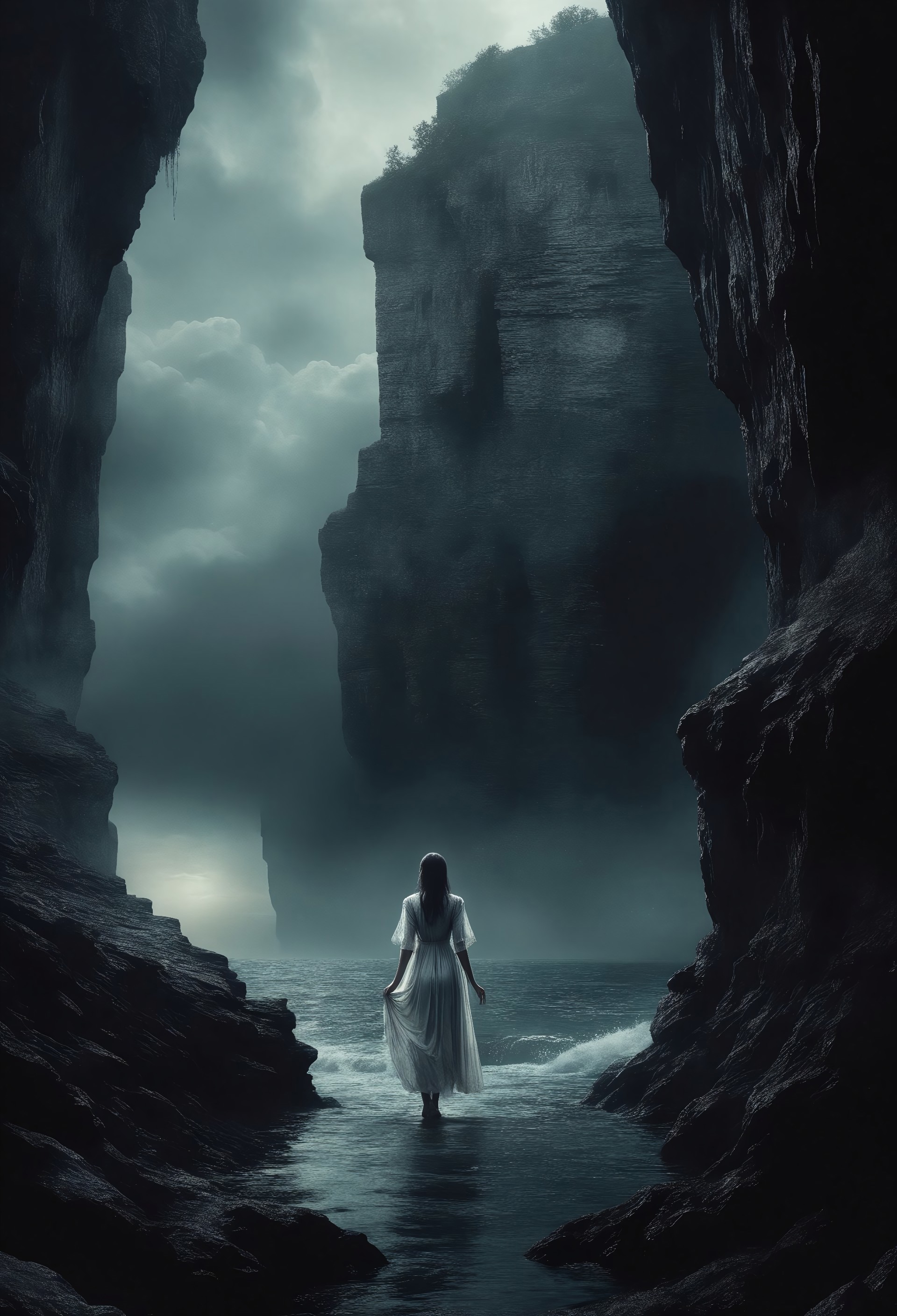 masterpiece, best quality, very aesthetic, absurdres,ultra detailed,soft light,live shot,young girl,light dress,airy dress,silk dress,(standing at the cliff: 1.1),cliff,dark abyss,(creepy hands reaching for the girl: 1.1),(Dark Fantasy page: 1.1),nvcmsdx,dark skies,bloody rain