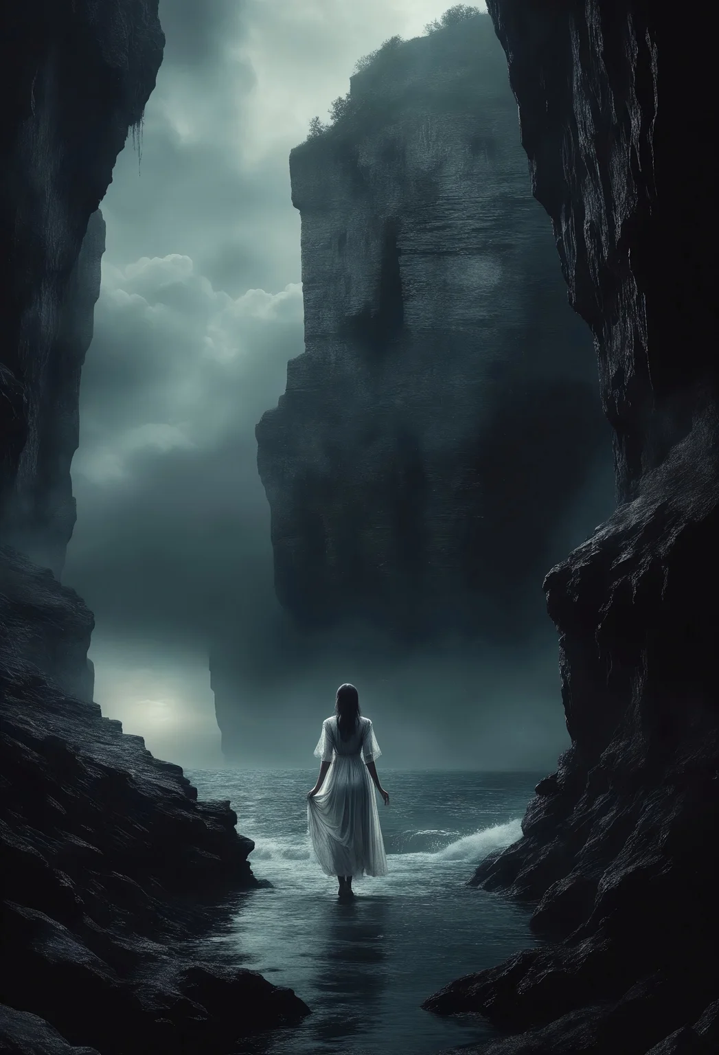 masterpiece, best quality, very aesthetic, absurdres,ultra detailed,soft light,live shot,young girl,light dress,airy dress,silk dress,(standing at the cliff: 1.1),cliff,dark abyss,(creepy hands reaching for the girl: 1.1),(Dark Fantasy page: 1.1),nvcmsdx,dark skies,bloody rain