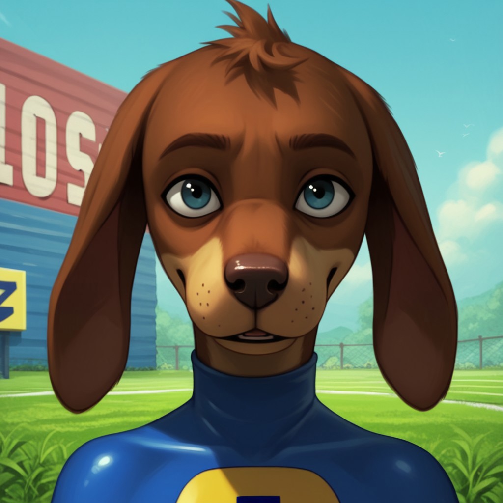 score_9, score_8_up, score_7_up, score_6_up, score_5_up, score_4_up, source_furry
anthro, ((1boy, solo)), brown fur, dog, long floppy ears, dachshund, strut, bodysuit, slim body
BREAK
detailed background, raceway pitstop scenery, (((bust portrait)))