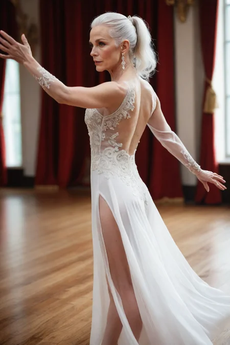 <lora:LCM_LoRA_Weights_SDXL>,Stable_Yogis_PDXL_Positives,a 48year old middle-aged Woman,from canadian, pale wet skin, yellow eyes,long white Hairs, ponytail haircut, freckles,earrings,(wearing a sheer Red, White,dramatic A-line gown with a plunging back and intricate embroidery, showcasing her moves in a grand ballroom environment),a dancer executes a smooth transition, one arm raised high while the other arm is bent at the elbow,an open-air dance area with a wooden deck, ideal for summer dance gatherings,(full body photo:1.4),(full body:1.4),(full shot:1.4),(full body shot:1.4),top down view,, (highly detailed skin with hairs:1.1),(detailed skin:1.1),detailed face,(detailed eyes:1.1),very high intricate detailing,sharp focus,Masterpiece,best quality,photo,realistic,very aesthetic,