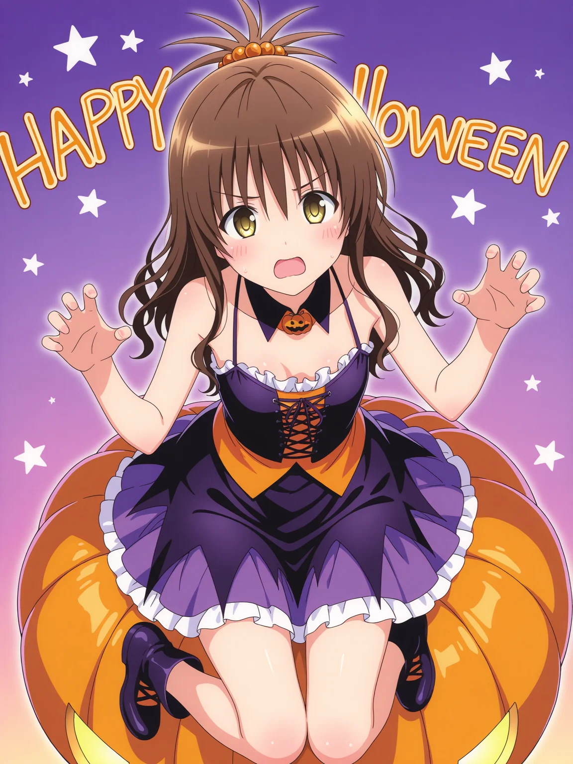 <lora:yuuki mikanv2:1>,mikan,5 fingers,full body,halloween costume,