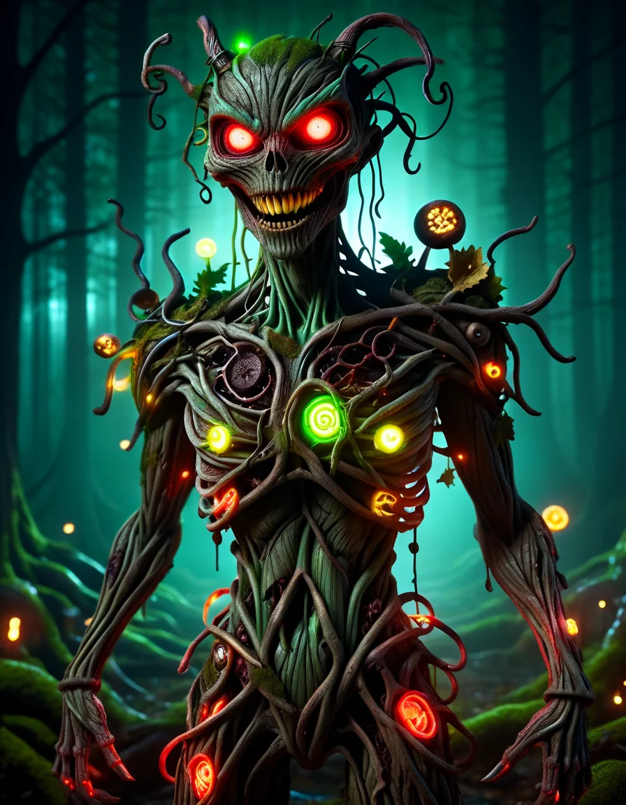 japanese cartoon style, dark forest, full body, dark desaturated green, deep blood red, rusty brown, (horrific shadow creature:1.25) with blacklight makeup, glowing eyes, yellow smile, (neon leds implanted in skin:1.25), perfect anatomy, horror, creepy, dark, eerie, menacing, supernatural, monster, nightmare, masterpiece, best quality, highly detailed, sharp focus, dynamic lighting, vivid colors, texture detail, particle effects, storytelling elements, narrative flair, 16k, UE5, HDR, subject-background isolation, made of ral-mythfrst <lora:ral-mytfrst:1>