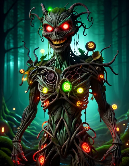 japanese cartoon style, dark forest, full body, dark desaturated green, deep blood red, rusty brown, (horrific shadow creature:1.25) with blacklight makeup, glowing eyes, yellow smile, (neon leds implanted in skin:1.25), perfect anatomy, horror, creepy, dark, eerie, menacing, supernatural, monster, nightmare, masterpiece, best quality, highly detailed, sharp focus, dynamic lighting, vivid colors, texture detail, particle effects, storytelling elements, narrative flair, 16k, UE5, HDR, subject-background isolation, made of ral-mythfrst <lora:ral-mytfrst:1>