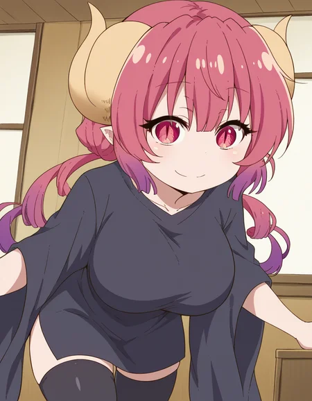 score_9, score_8_up, score_7_up, source_anime,
dragonilulu, <lora:dragon-ilulu-s2-ponyxl-lora-nochekaiser:1>,
ilulu, curled horns, horns, long hair, multicolored hair, purple hair, red eyes, red hair, slit pupils, large breasts,
black shirt, long shirt, black thighhighs, collarbone, shirt, short sleeves, thighhighs, wide sleeves, zettai ryouiki,
indoors, bent over, smile,
looking at viewer, cowboy shot, dutch angle, solo,
