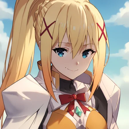 <lora:darkness:1> score_6, score_5_up, score_7_up, 1girl, solo, long hair, breasts, looking at viewer, smile, blue eyes, blonde hair, hair ornament, ribbon, hair between eyes, closed mouth, upper body, ponytail, braid, sidelocks, armor, bodysuit,x hair ornament,, darkness (konosuba)