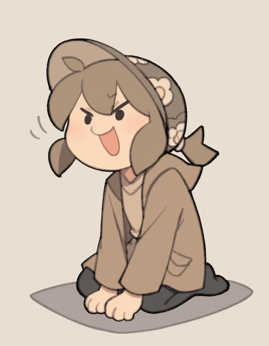 zPDXL, score_9, score_8_up, score_7_up, source_anime, flat color, sketch,
1girl, solo, laughing, (slouching), brown hair, low ponytail, brown hat, brown jacket, brown shirt, brown skirt, black leggings, black eyes, chibi,
<lora:TemmieChang_ver2:1> tmchng,