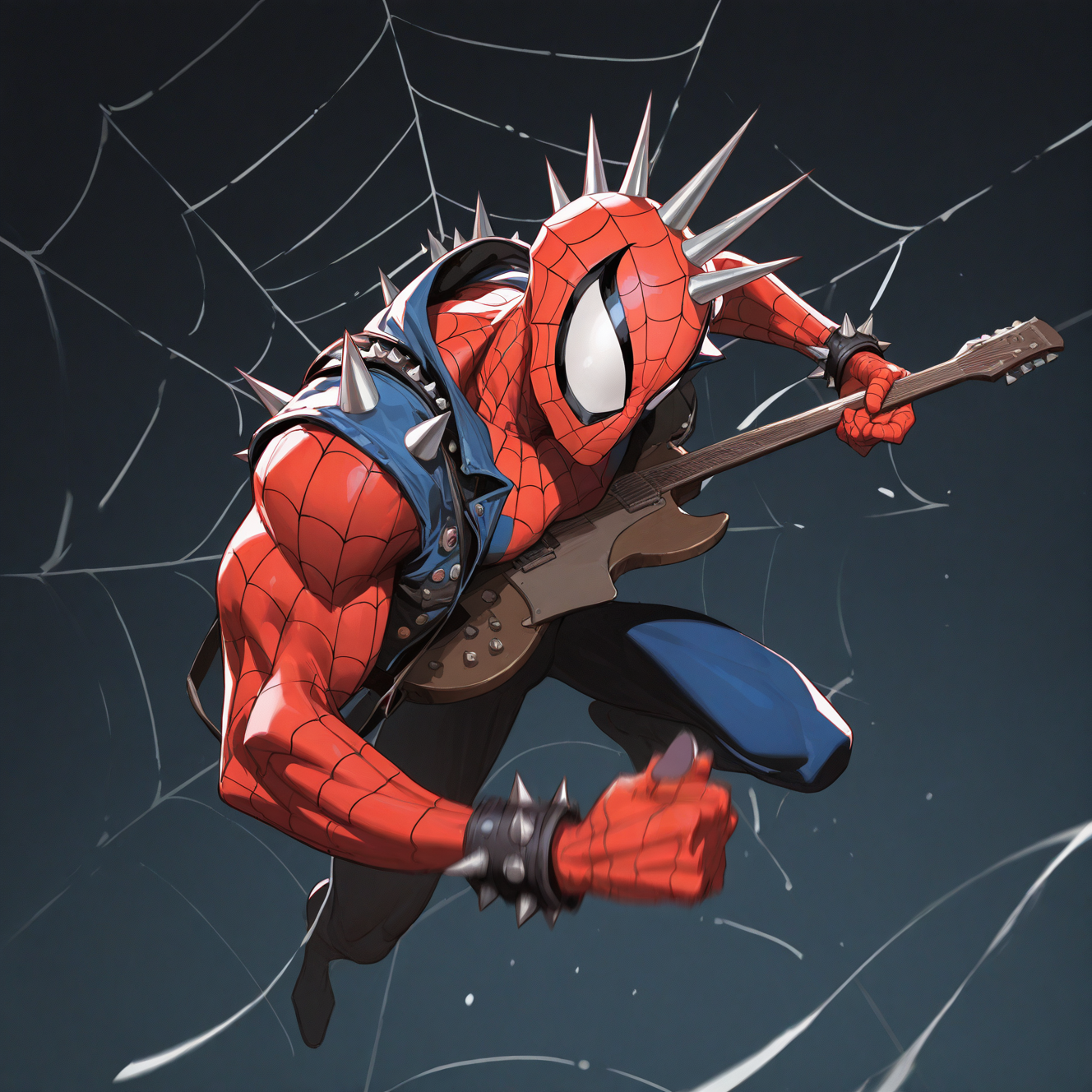 <lora:SPIDERPUNK:1>spiderpunk, solo, looking at viewer, 1boy, holding, male focus, muscular, mask, bodysuit, chain, traditional media, instrument, spikes, music, guitar, holding instrument, white eyes, playing instrument, electric guitar, superhero, \m/, red bodysuit, silk, spider web, spider web print, shoulder spikes, plectrum, holding plectrum, spiked bracelet,  dynamic perspective, night, detailed background, motion blur, film grain, abstract, natural lighting, fantasy, cinematic, dynamic view, very awa, masterpiece, best quality, absurdres, newest, perfect quality, detailed background, intricate details, (artist:fl \(l-fl\):0.7), (artist:tooboshoo:0.7), (artist:dizdoodz:0.8)    <lora:bulge:1> bulge