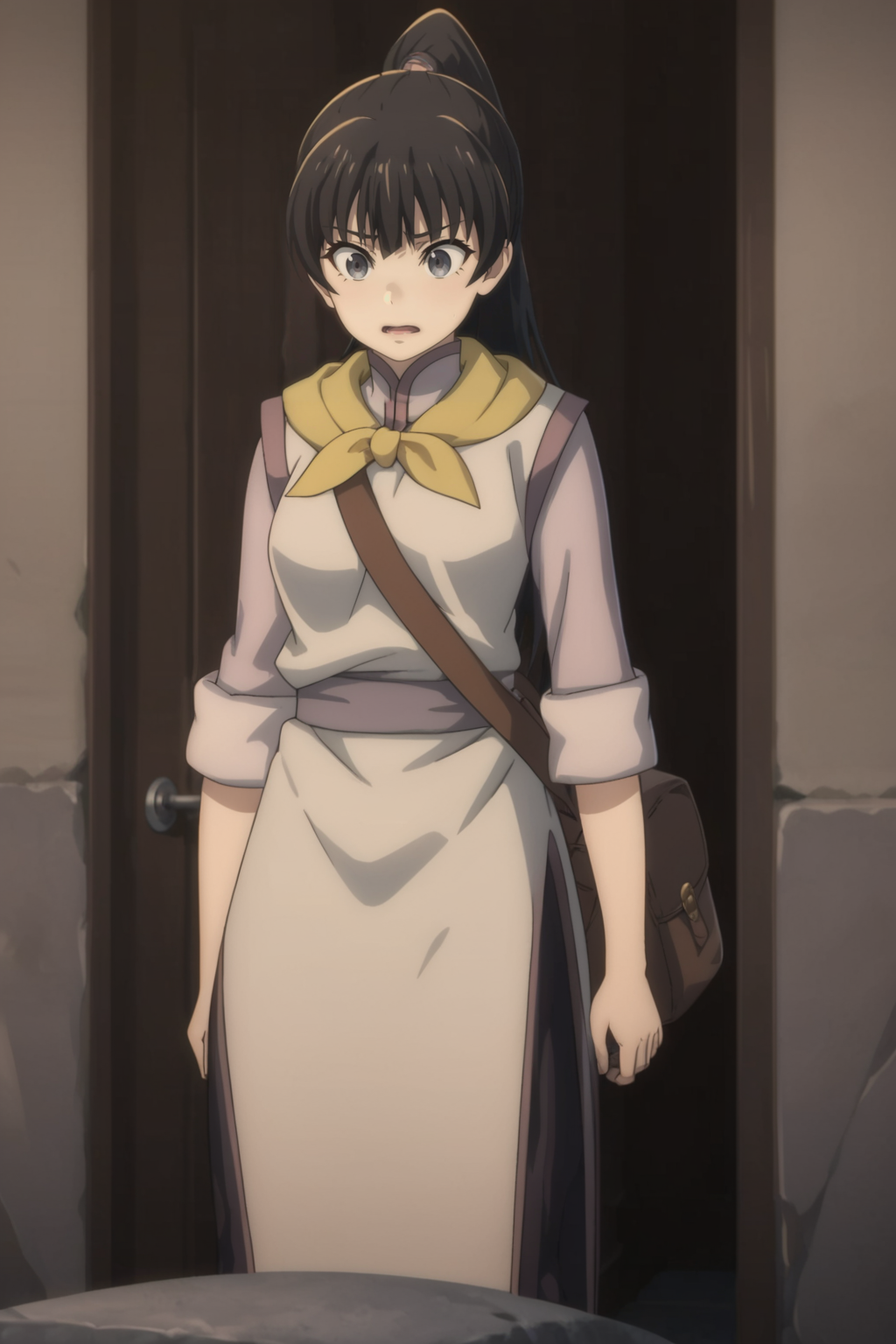 source_anime, score_9, score_8_up, score_7_up, score_6_up, score_5_up, score_4_up, BREAK, <lora:Fighter-000006:1>, 1girl, Fighter, black hair, ponytail, grey eyes, multicolored robe, yellow neckerchief, black pants, brown boots, bag, standing, fists clenched