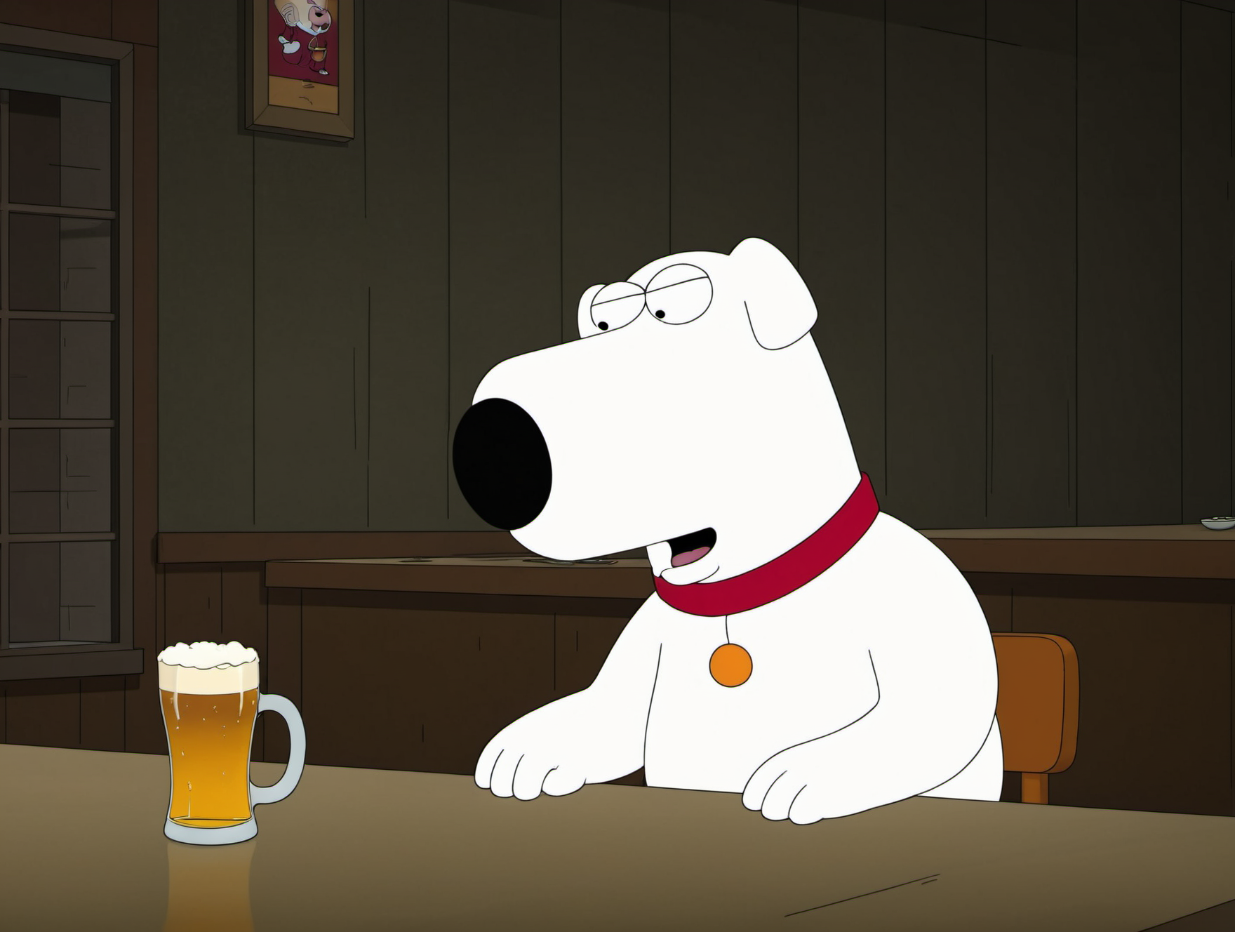 (masterpiece,best quality, high quality:1.2),2d,flat color,
brian griffin,solo,bar,drinking beer,sitting,dim lighting,happy,
<lora:brian_griffin:0.8>