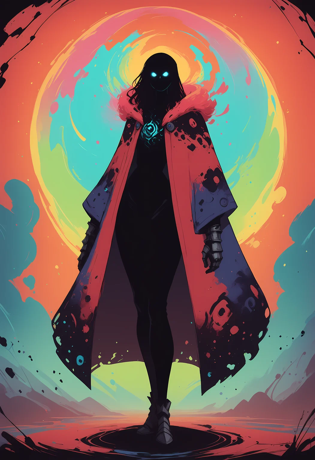 zPDXL3, score_9, score_8_up, score_7_up, score_6_up, source_anime,1girl, wide hips, glowing eyes, freckles, smile, looking at viewer,, standing,BREAK <lora:add-detail-xl:0.8> <lora:f3nn3rXLP:0.6> f3nn3r, colourful, pink, blue, black, red, trippy, abstract, abstract background, particles, colorful, bright colors, <lora:ral-dissolve:0.8> ral-dissolve , black armor,glitter cape,xl large gauntlets