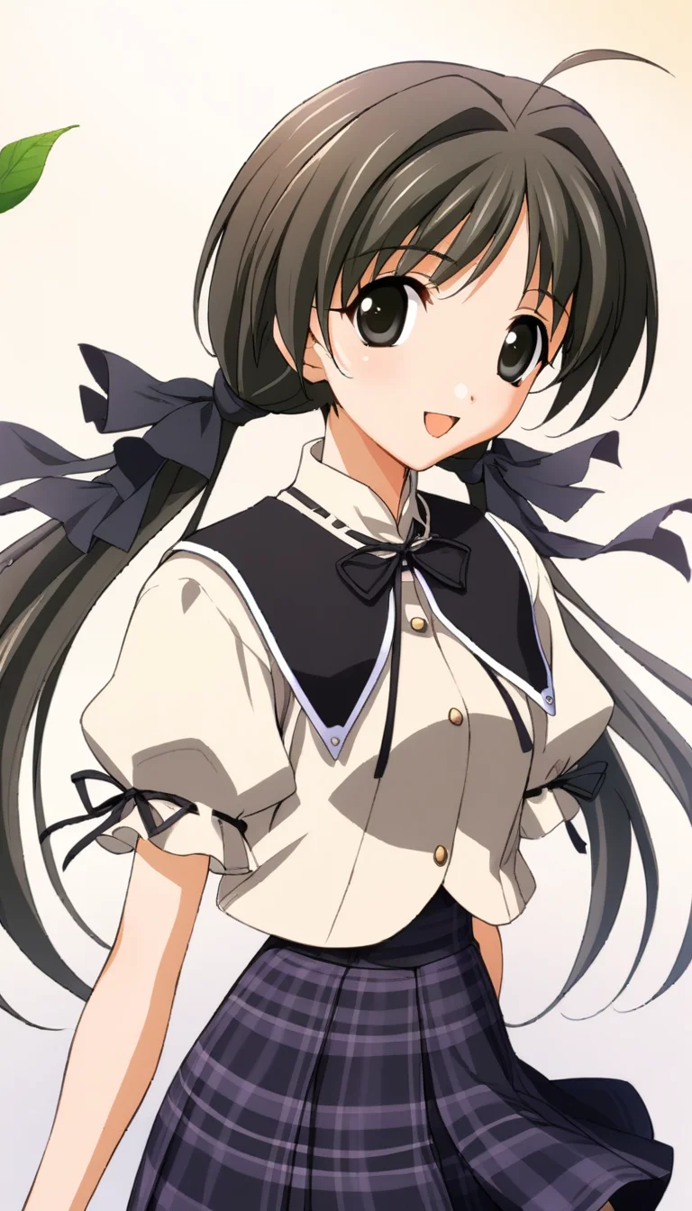 1girl,hotaru,short sleeves hamasaki uniform,shorthotaru,masterpiece,best quality,solo,very aesthetic,absurdres,game cg,simple background,white background,cowboy shot,upper body,close up,smile,looking at viewer,(illustration:1.2),(extremely fine and beautiful),(perfect details),(unity CG 8K wallpaper:1.05),(ray tracing),(beautiful and clear background:1.25),(depth of field:0.6),(beautiful face:1.2),<lora:MemoriesOffDuetAIOXL-000006:0.8>,leaf,from side,open mouth,