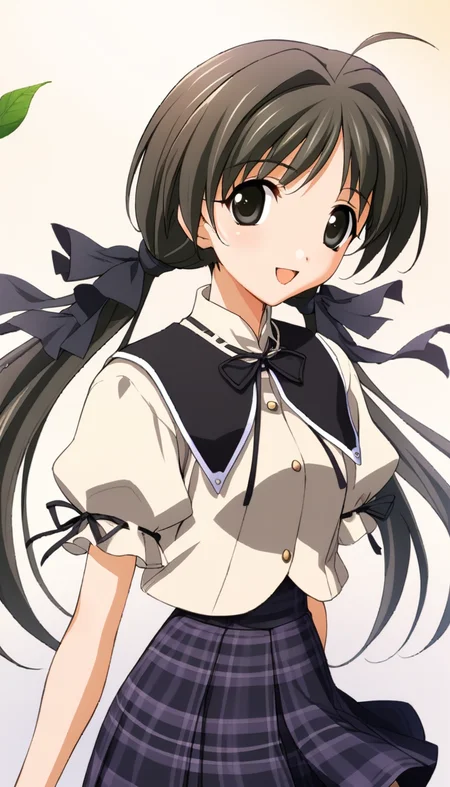 1girl,hotaru,short sleeves hamasaki uniform,shorthotaru,masterpiece,best quality,solo,very aesthetic,absurdres,game cg,simple background,white background,cowboy shot,upper body,close up,smile,looking at viewer,(illustration:1.2),(extremely fine and beautiful),(perfect details),(unity CG 8K wallpaper:1.05),(ray tracing),(beautiful and clear background:1.25),(depth of field:0.6),(beautiful face:1.2),<lora:MemoriesOffDuetAIOXL-000006:0.8>,leaf,from side,open mouth,