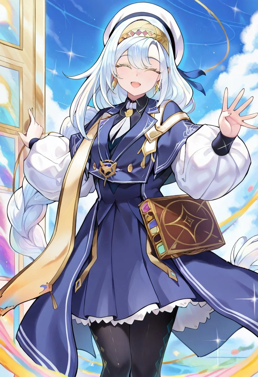 (masterpiece),best quality, amazing quality, very aesthetic, absurdres, newest, 1girl, solo, artmegia finemelt, twin braid, white hat, blue jacket, puffy sleeves, neckite, earrings, blue skirt, black pantyhose, book, smile, close eyes, open mouth, cowboy shot, looking at viewer, blue sky