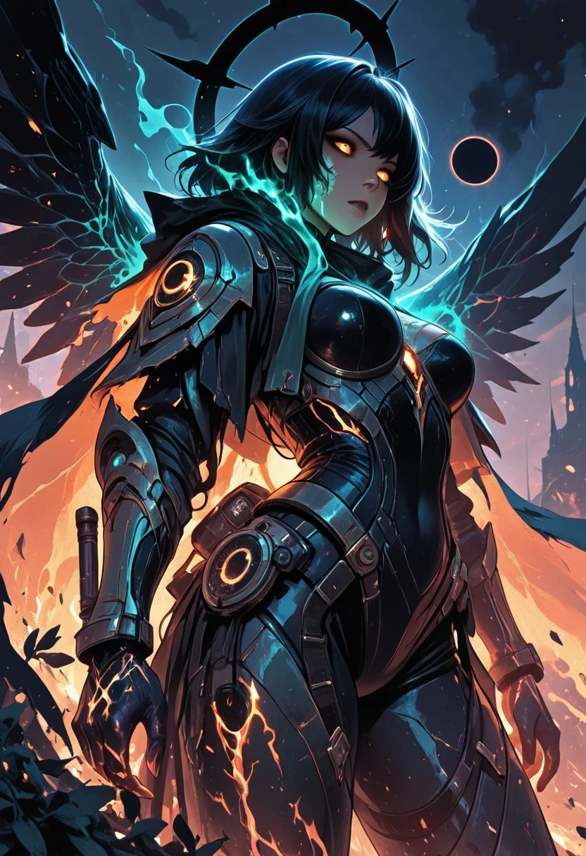 (masterpiece), (best quality), (8k), 1girl, full armor made of glowing black and orange star-metal, ember cracks, cosmic sword glowing with starlight in one hand, lantern of a dying universe in the other, burning aura, ashes floating in air, intense golden eyes, glowing molten veins, full burning wings shaped like black eclipse shards, celestial background with shattered planets, solar flare glow, camera angle from below, serious expression, mythic lighting, divine cosmic warrior, flaming cape blowing in the wind, ethereal glow on face, fire sparks in foreground, black halo orbiting behind her head, ashes turning into stars around her,