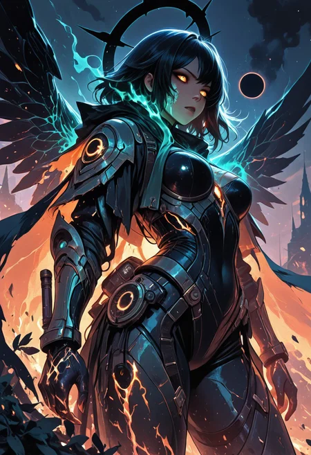 (masterpiece), (best quality), (8k), 1girl, full armor made of glowing black and orange star-metal, ember cracks, cosmic sword glowing with starlight in one hand, lantern of a dying universe in the other, burning aura, ashes floating in air, intense golden eyes, glowing molten veins, full burning wings shaped like black eclipse shards, celestial background with shattered planets, solar flare glow, camera angle from below, serious expression, mythic lighting, divine cosmic warrior, flaming cape blowing in the wind, ethereal glow on face, fire sparks in foreground, black halo orbiting behind her head, ashes turning into stars around her,