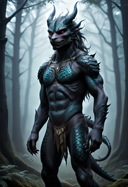 ASCIIanime artwork human dragon hybrid, human head, dragon scale skin, dragon eyes, male focus, full body, standing, grimdark, creepy tale:1.15, dark forest background, with rolling mist rim lighting, style of Anato Finnstark, by alena aenami, <lora:RM_Niji_v1.0_bf16:0.8> . anime style, key visual, vibrant, studio anime,  highly detailed
