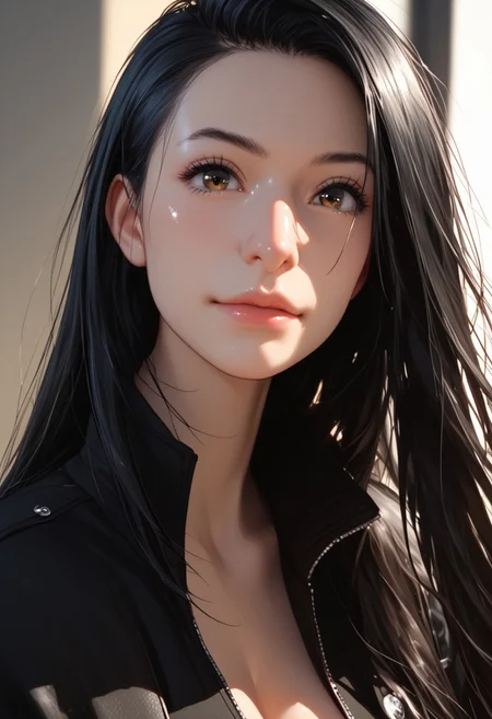 Huge nose, hooked nose, big nose, Nose bridge , Jacket, Close-up details, realistic style photo Japanese young woman, dark hair, long hair, outstanding style, tall, cute, adult. Use soft lighting to cast gentle shadows on the subject, adding a touch of dimension to your images without compromising details, score_9, score_8_up, score_7_up, shiny skin, strict looking, haughty, low cut black dress, no bra, big breast, breast movement, huge nose, hooked nose, nose bridge, black hair