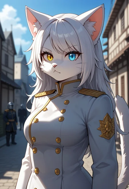 (masterpiece), best quality, expressive eyes, perfect face, anime, (1girl, (cat girl, furry female cat, furry female), (white hair, sideswept bangs, white fur)), ((heterochromia, right gold eye, left blue eye)), (military uniform, knight), serious, (town), fine details, clothing textures, depth of field, dim lighting, high quality, thick outlines, symphtia-style