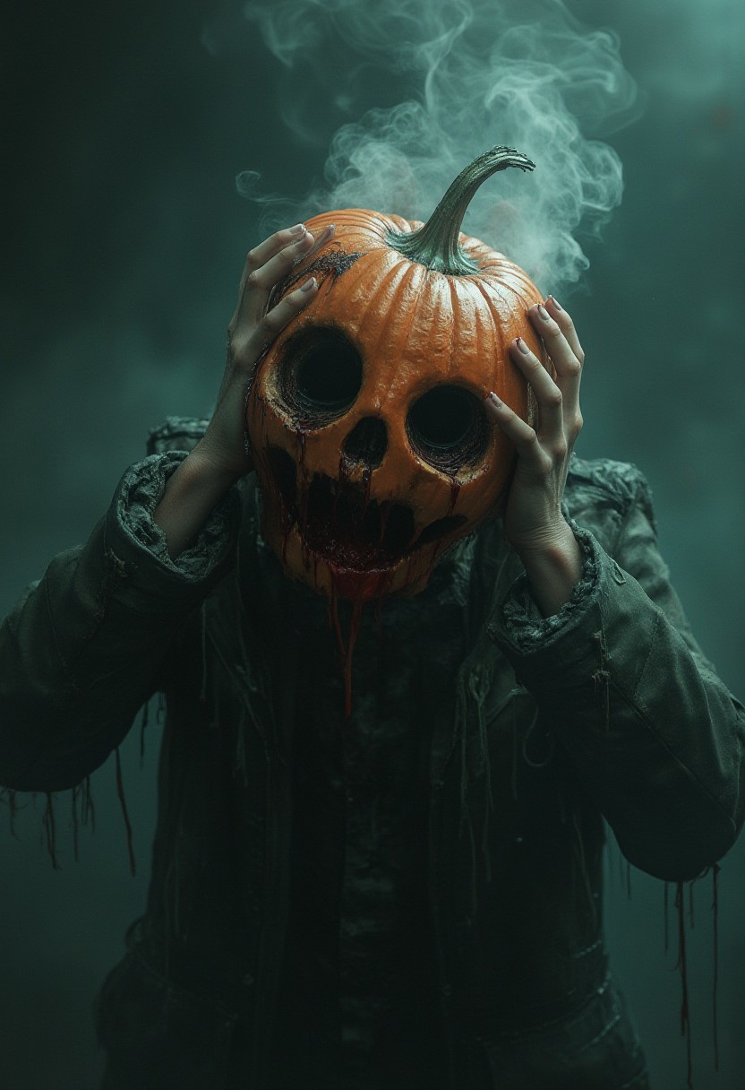 horror show, monster, nightmare, fear, illustration, 
The image depicts a moody, ethereal scene set in a foggy, dimly lit location. The color scheme of the image is predominantly muted and desaturated, with cool tones of misty gray, blue and green, two-tone colors, harsh shadows, texture, (reflection of eyes, looking at viewer: 1.6) (A thick red disgusting goo, lyre-shaped goo, flows out of the holes. Disgusting slobbering bloody goo: 1.4). close up (side view, looking up, from above:1.5) (cracked, juicy and succulent hole, slime:1.6) tilted pumpkin head, (melted, dripping juice flows out of each hole:1) (bright orange skin:1.2), (pumpkin skin:1.2), (this man is going crazy, this is madness, despair:1.6) (lots of smoke coming out of the hole in his head) this is a nightmare dripping, (realistic detailed eyes, tears:1.5) (fusion of body, arms and pumpkin) ((tilt of head:1.4)), (he clutches his head with both desperate hands:1.8) bald skull, pumpkin stem, detailed PBR texture (dynamic pose, dynamic angle:1) Masterpiece of professional photography 64k cinematic composition, vignetting (melted body, dripping skin:1)
(moonlit:1), ((plain dark background)), made of blood and gore. Cinematic photography, film mood, cinematic lighting, compelling composition, narrative elements, conveys emotion, mood and depth of narrative, creating visually striking images that feel like still frames from a film