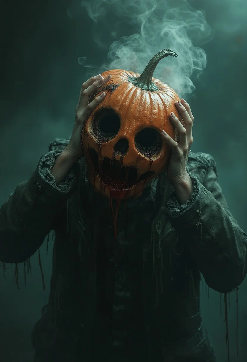 horror show, monster, nightmare, fear, illustration,
The image depicts a moody, ethereal scene set in a foggy, dimly lit location. The color scheme of the image is predominantly muted and desaturated, with cool tones of misty gray, blue and green, two-tone colors, harsh shadows, texture, (reflection of eyes, looking at viewer: 1.6) (A thick red disgusting goo, lyre-shaped goo, flows out of the holes. Disgusting slobbering bloody goo: 1.4). close up (side view, looking up, from above:1.5) (cracked, juicy and succulent hole, slime:1.6) tilted pumpkin head, (melted, dripping juice flows out of each hole:1) (bright orange skin:1.2), (pumpkin skin:1.2), (this man is going crazy, this is madness, despair:1.6) (lots of smoke coming out of the hole in his head) this is a nightmare dripping, (realistic detailed eyes, tears:1.5) (fusion of body, arms and pumpkin) ((tilt of head:1.4)), (he clutches his head with both desperate hands:1.8) bald skull, pumpkin stem, detailed PBR texture (dynamic pose, dynamic angle:1) Masterpiece of professional photography 64k cinematic composition, vignetting (melted body, dripping skin:1)
(moonlit:1), ((plain dark background)), made of blood and gore. Cinematic photography, film mood, cinematic lighting, compelling composition, narrative elements, conveys emotion, mood and depth of narrative, creating visually striking images that feel like still frames from a film