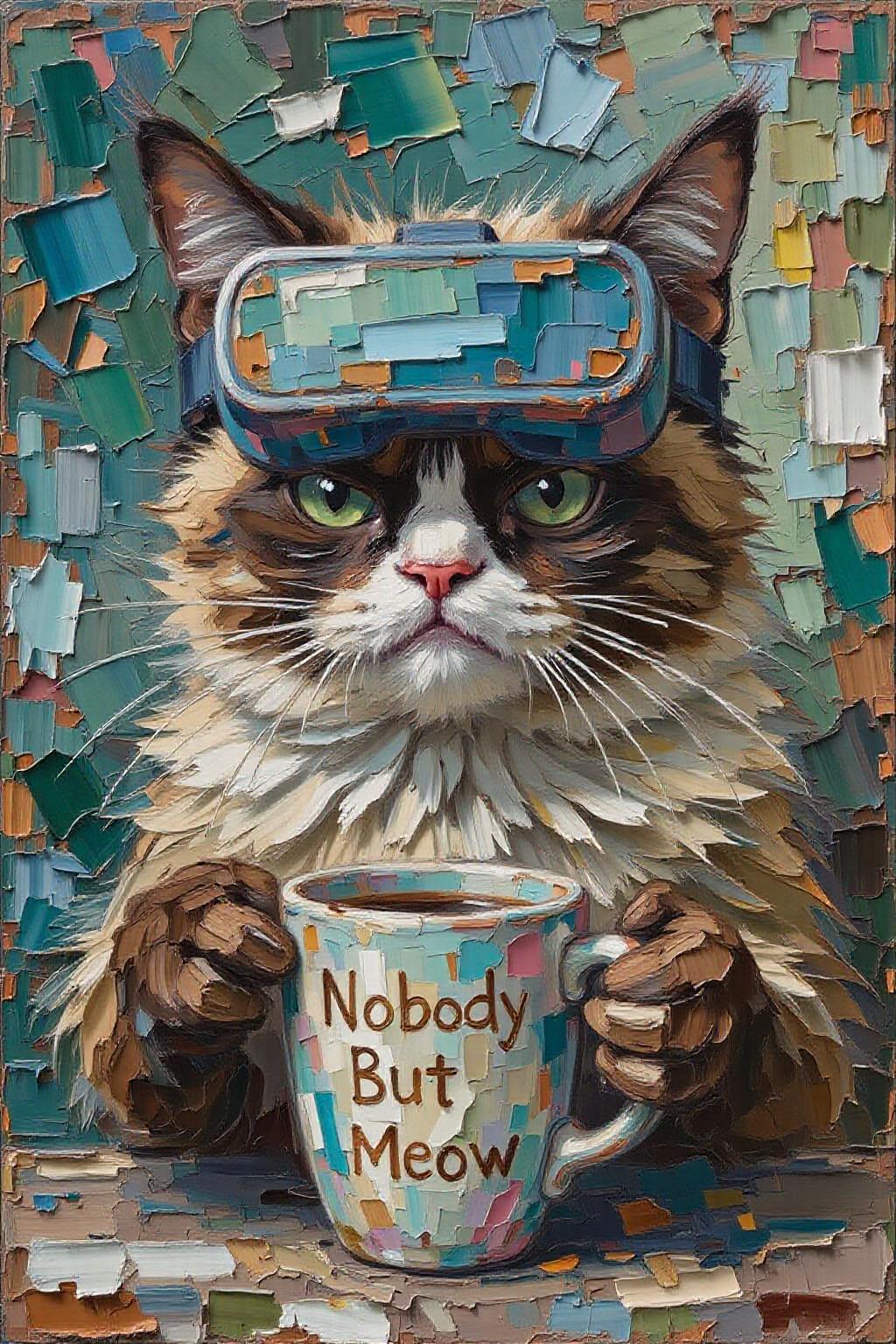 impasto oil painting. Grumpy Cat drinking coffee, wearing a VR Headset. The mug has the phrase "NobodyButMeow" printed  <lora:impasto5_nocap_d6a3:1.0> <lora:Flux-Sch-SingleBlocks-BF16:1.0><lora:803878850003205376:0>