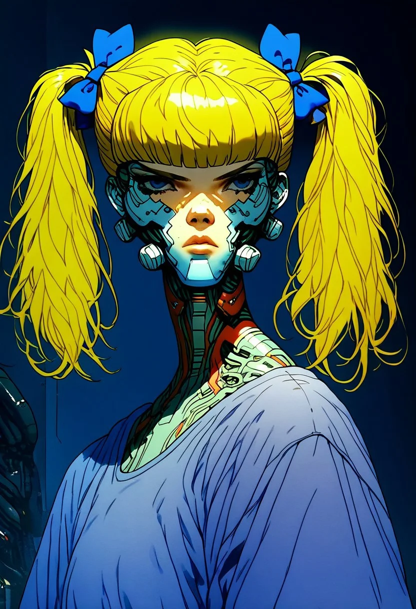 score_9, score_8, score_7, 1girl, solo, blonde hair, twintails, purple dress, hair bow, knva, halftone effect, cyberpunk, cyborg, adult woman, flat colour,