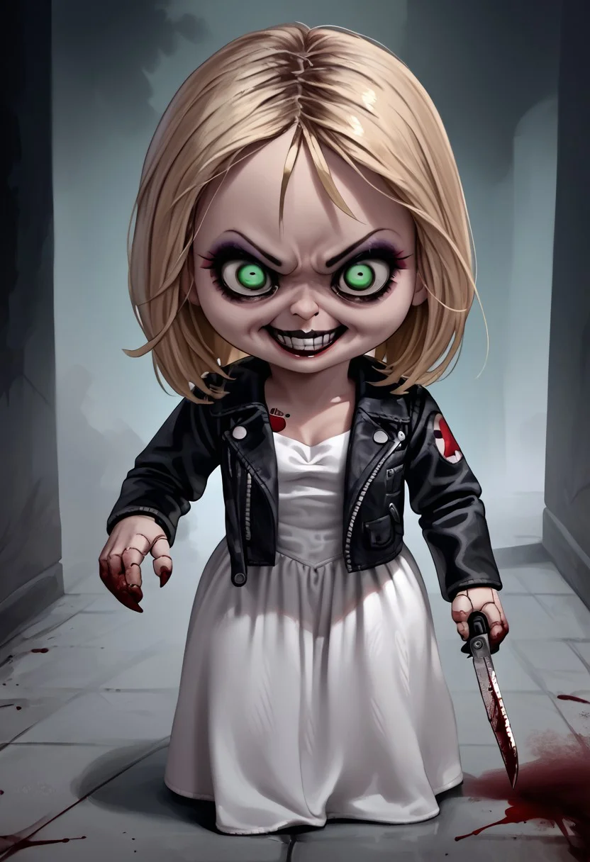 score_9, score_8_up, score_7_up, 1girl, looking at viewer, naughty face, from above, smile, cute, shortstack, doll joints, adult woman, holding, holding a weapon, knife, holding a knife, sinister, creepy grin, crazy eyes,
TiffanyXLP, blonde hair, green eyes, eyeshadow, makeup, white dress, long skirt, black jacket, tattoo, creepy, horror, blood, basement, shadows, fog, detailed eyes, creepy eyes,