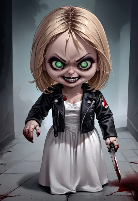 score_9, score_8_up, score_7_up, 1girl, looking at viewer, naughty face, from above, smile, cute, shortstack, doll joints, adult woman, holding, holding a weapon, knife, holding a knife, sinister, creepy grin, crazy eyes,
TiffanyXLP, blonde hair, green eyes, eyeshadow, makeup, white dress, long skirt, black jacket, tattoo, creepy, horror, blood, basement, shadows, fog, detailed eyes, creepy eyes,