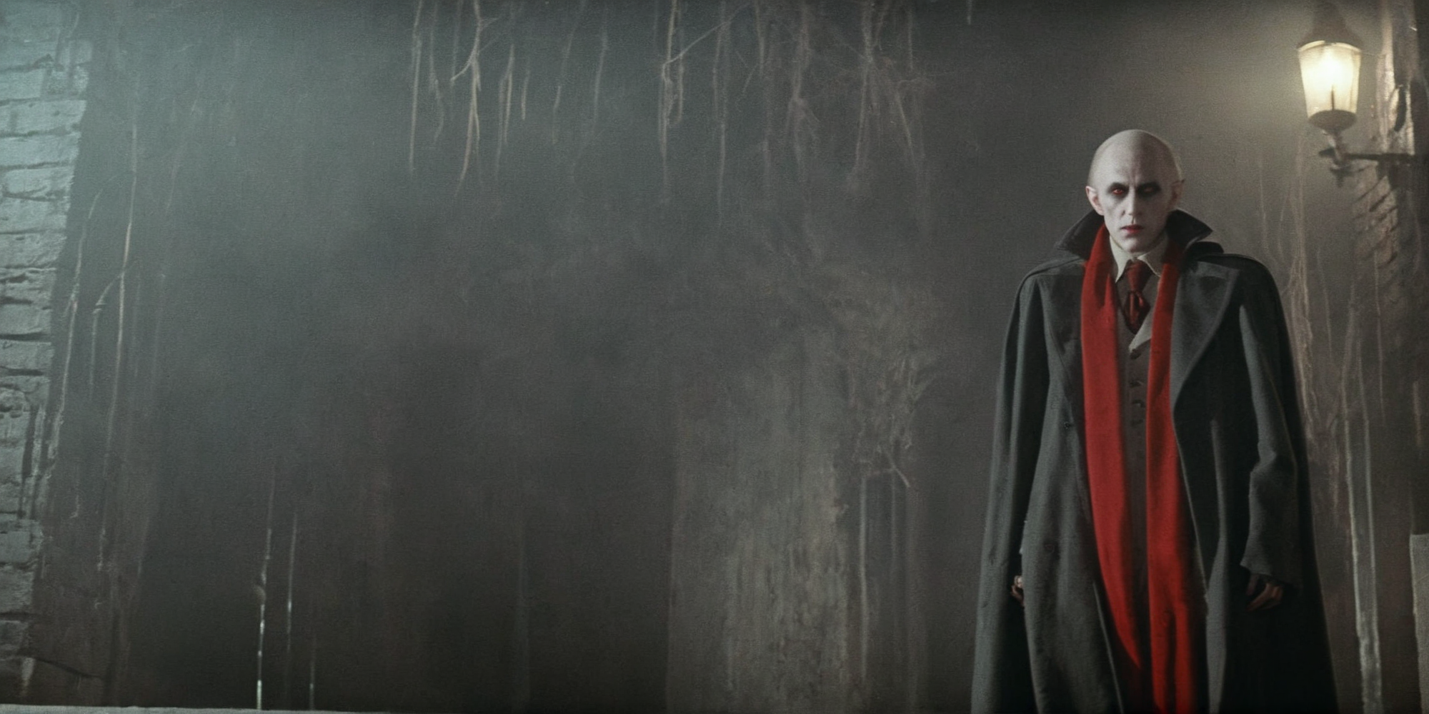 Horror-themed,  <lora:Fright Night 1985 Film Style:1>
Cinematic Wide Shot Film Footage captured by Panavision Cameras and Lenses, Vampire Creature Jerry vampire nosferatu in a long coat jacket and red scarf staring at camera in a dark basement room with dramatic dim light on, Fright Night 1985 Film Style, Eerie, unsettling, dark, spooky, suspenseful, grim, highly detailed