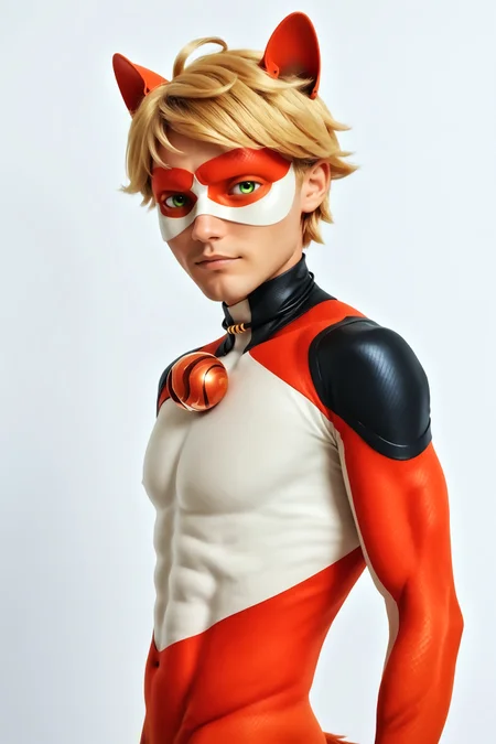 score_9, score_8_up, score_7_up, masterpiece, high quality, solo, 23 years old, toned body, from side, looking at viewer, imtdflairmidable, 1boy, blonde hair, animal ears, tail, mask, domino mask, bodysuit, male, green eyes, short hair, ahoge, bell, superhero
