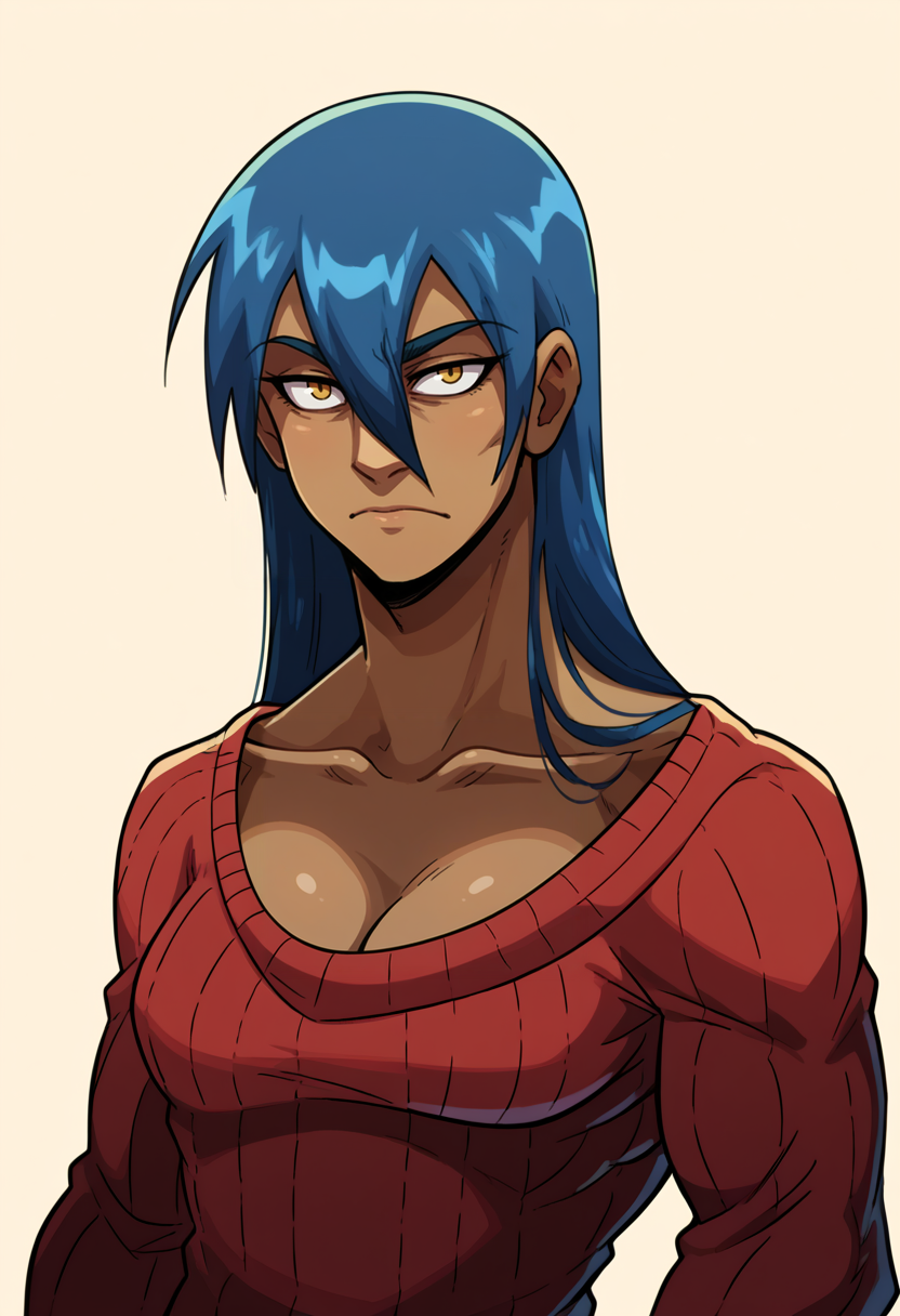score_9, score_8_up, score_7_up, BREAK <lora:gogobomango-guy-PONYv1:.9>, gogobomango, 1girl, solo, dark skin, dark-skinned female, blue hair, hair between eyes, toned, portrait,  <lora:hades-guy-PONYv1:1>, cleavage, shadow, sweater,