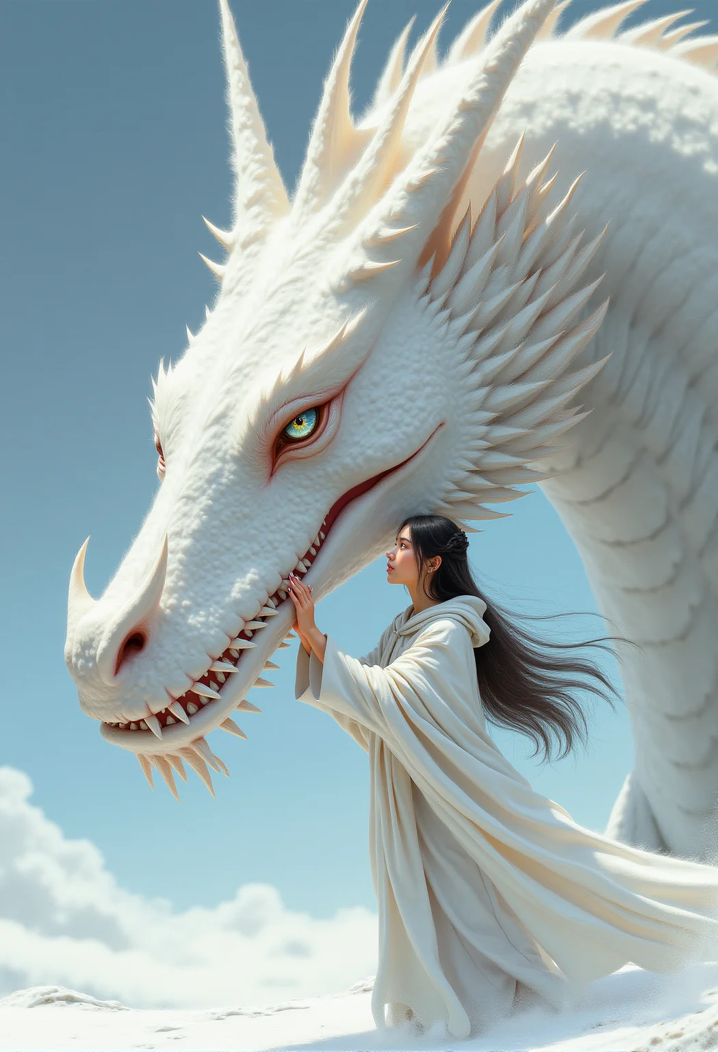 a detailed digital illustration of a young woman and the giant magnificent snow dragon long face, white fangs and straight teeth . The woman has long flowing hair and wears a hooded white silk cloak with her hands gently touching the huge dragon's white nose. The magnificent snow dragon with its shiny metallic scales and intense eyes appears both giant and fearsome. The composition highlights the strong and tender bond between the beautiful woman with delicate loving expression contrasting the dragon's menacing yet devoted expression. The use of clean fine lines with realistic-like shading focuses on the intricate details of the magnificent snow dragon elaborate face appearance giving the image an epic and breathtaking look. The overall cold palette with subtle beige tones and bright white shiny tones of snow adds an epic and serene atmosphere. Highly detailed.