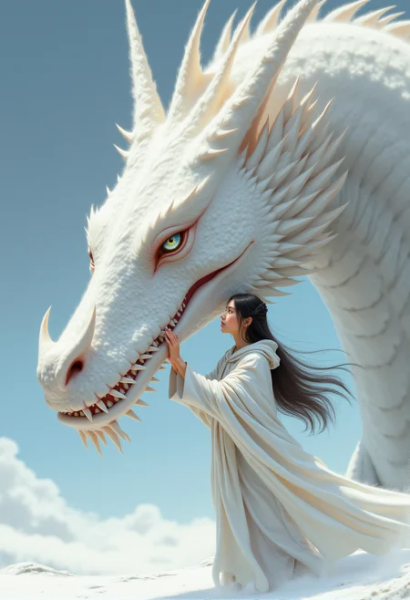 a detailed digital illustration of a young woman and the giant magnificent snow dragon long face, white fangs and straight teeth . The woman has long flowing hair and wears a hooded white silk cloak with her hands gently touching the huge dragon's white nose. The magnificent snow dragon with its shiny metallic scales and intense eyes appears both giant and fearsome. The composition highlights the strong and tender bond between the beautiful woman with delicate loving expression contrasting the dragon's menacing yet devoted expression. The use of clean fine lines with realistic-like shading focuses on the intricate details of the magnificent snow dragon elaborate face appearance giving the image an epic and breathtaking look. The overall cold palette with subtle beige tones and bright white shiny tones of snow adds an epic and serene atmosphere. Highly detailed.