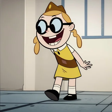 score_9, score_8_up, score_7_up BREAK BessieH, 1girl, blonde hair, pigtails, black eyes, round glasses, brown garrison cap with yellow button, brown sash, white-collared yellow dress, short white sleeves, white socks, black shoes, screenshot, official art, parody, cartoon footage, official design, screencap, cartoon screenshot, official screenshot, 2d, cartoon, source_cartoon, solo, solo focus, happy, full body,