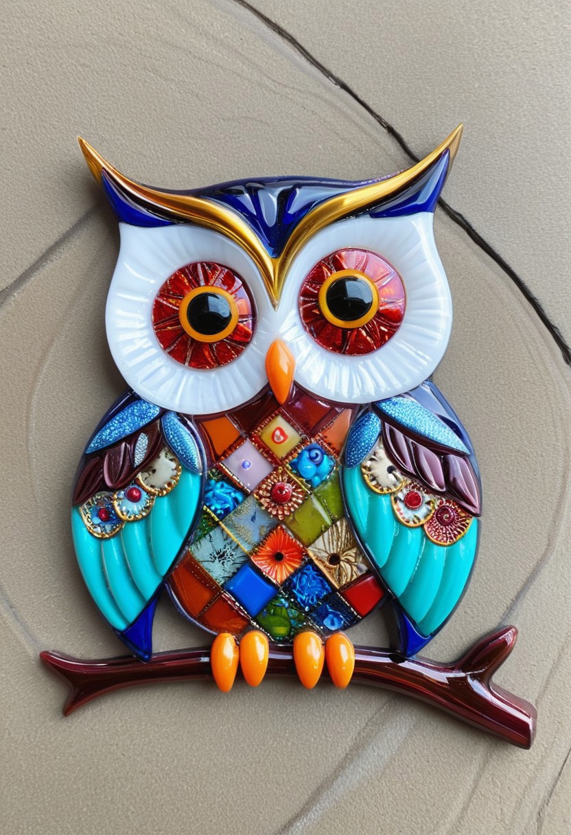 (fused glass:1.1) patchwork owl, stitched together with vibrant flair, cozy,
novuschroma54 style,
best quality, masterpiece,