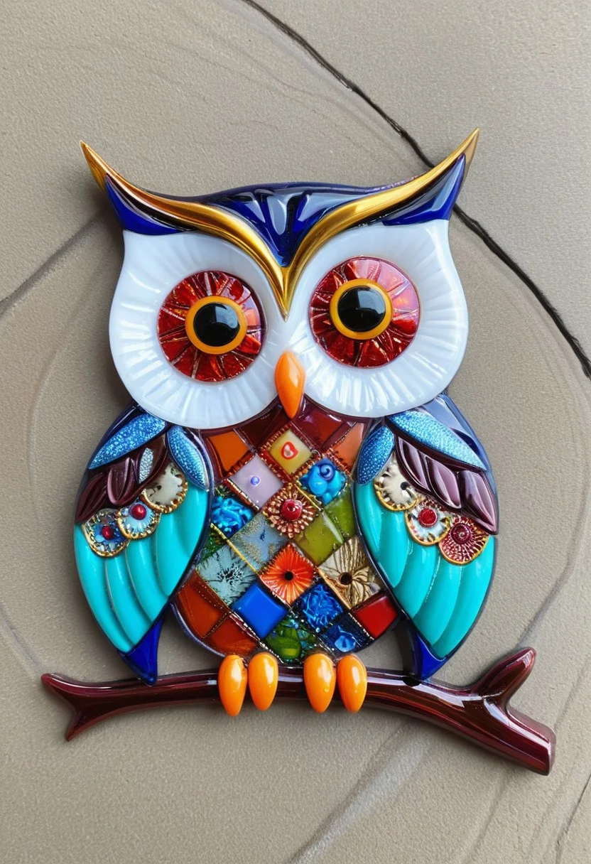 (fused glass:1.1) patchwork owl, stitched together with vibrant flair, cozy,
novuschroma54 style,
best quality, masterpiece,