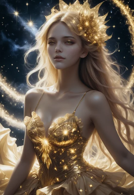 from above, side view, close up, anime style, 2d,1woman in a golden ruffled dress, stardusted melt, starHC, Haute Couture fashion style, stardust hair accessoire <lora:starHC-000003:0.9>