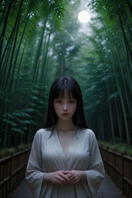 1girl, hyuuga hinata, purple eyes, white eyes, blunt bangs, black hair, hime cut, very large breasts, looking at viewer, fringe,konohagakure symbol, headband around neck ,solodynamic ink painting of a bamboo grove of japan, black and white,monochrome, great art, great sense of depth, ground level shot, the most beautiful bamboo grove in the world, bamboo leaves shining through rainwater, moon\(pale blue\) with a light overcast, beautiful woman\(ancient Japanese noble, beautiful kimono, beautiful long black hair\) looking up at the moon holding an umbrella,raining softly, fireflies flying around, bamboo leaves are placed three-dimensionally in the foreground, long distance shot
score_9, score_8_up, score_7_up, score_6_up, score_9, score_8_up, score_7_up, score_6_up, shot, <lora:sdxl_lightning_8step_lora:1> <lora:breasts++-PD-breast_bags-1.0:1> <lora:HerrscherAGGA2024_Polo_Shirt_V1:0.6> <lora:GirlfriendFNF_PDXL:0.8>