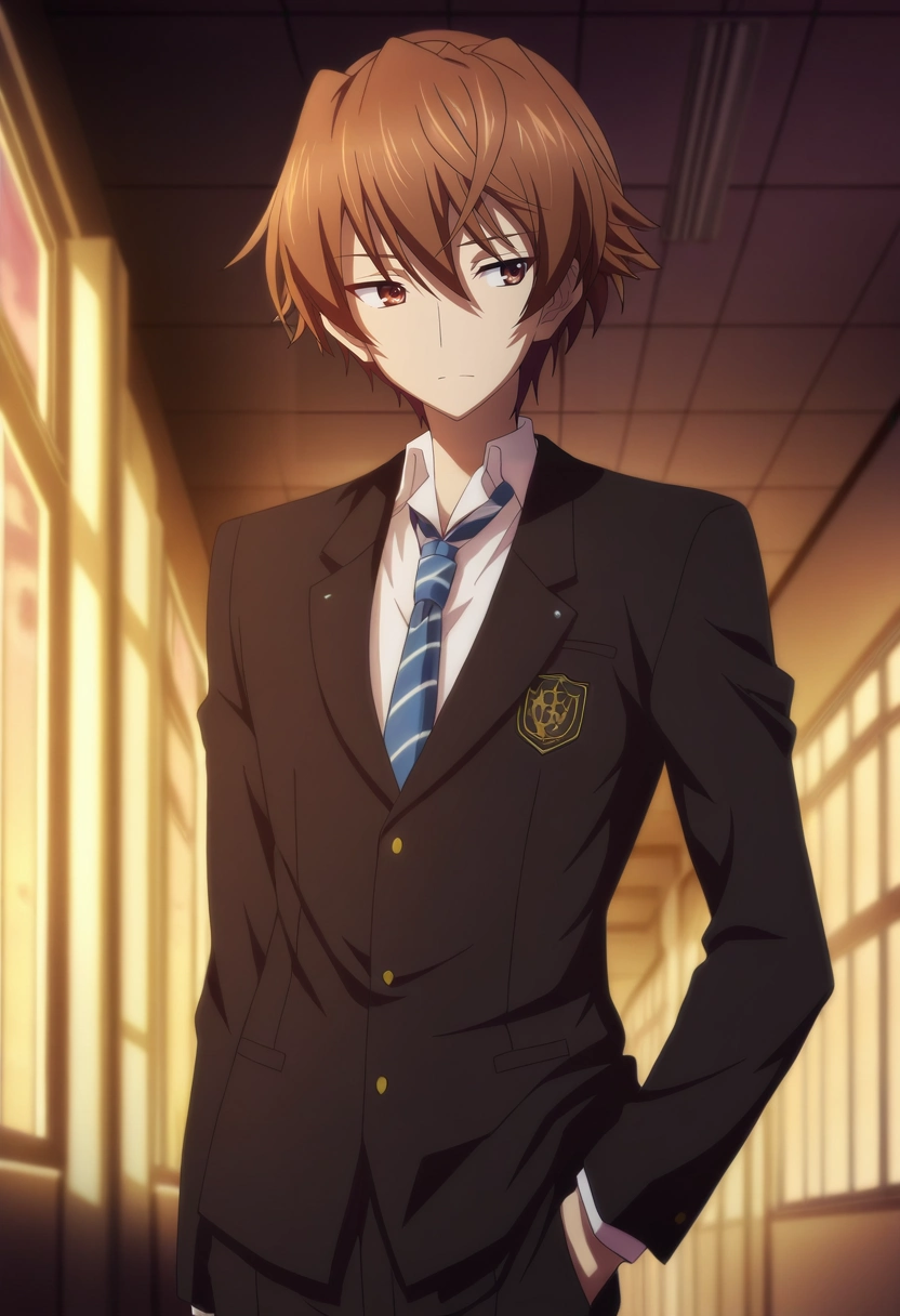 masterpiece, best quality, intricate details, anime screencap, anime coloring, official style,, 1boy, solo, male focus, <lora:takeya_iizuka_ilxl:0.94>, takeya_iizuka, brown hair, brown eyes, short hair, school uniform, black jacket, white shirt, collared shirt, blue necktie, striped necktie, black pants,