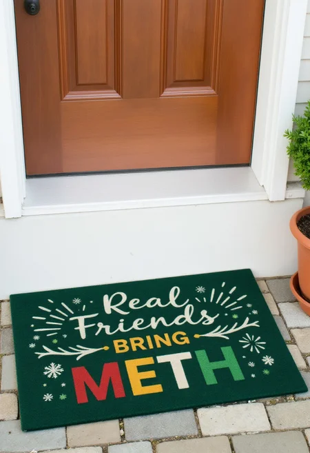 Photograph of a colorful welcome mat placed in front of a front door. The mat features a simple dark green design with the phrase "Real Friends Bring METH" in bold, vivid letters.