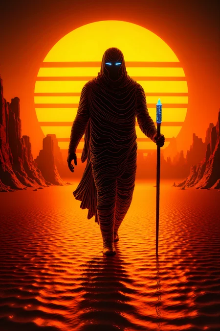 In a vast, desolate desert under the blazing heat of three suns, a towering figure made entirely of molten glass walks slowly across the shimmering dunes. His body reflects the harsh sunlight, each step causing ripples of heat to rise from the sand, distorting the air around him. In his hand, he holds a staff made of obsidian, its tip glowing faintly with a cold, white light that contrasts with the fiery desert landscape. Behind him, the remnants of a once-great city lie in ruins, its twisted metal towers crumbling and half-buried beneath the endless waves of sand. The sky above is a deep, burnt orange, and the suns hang low, casting long, sharp shadows across the scorched earth. Despite the oppressive heat, the air is filled with a quiet stillness, broken only by the soft, almost imperceptible crackling of the figureâs glassy form. Far in the distance, strange, hovering creatures move lazily through the air, their translucent wings catching the sunlight as they drift aimlessly above the dunes. The figureâs glowing eyes are fixed on the horizon, where a single, dark cloud begins to form, a sign of something ancient and powerful awakening in the heart of the desert.,ck-nw, in the style of ck-nw<lora:ck-Neon-Retrowave>