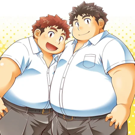 male, 2boys, 2boy, multiple characters, 
BREAK masterpiece hi res, best quality, very detailed, highly detailed texture, score_9, score_8_up, score_7_up, score_6_up,  
BREAK Expressive, cute expressive face,   
BREAK anime coloring, detailed anime shading, eyeshd, anime eyes, anime hair, human, chubby, masculine, large pectorals, moobs, broad shoulders, round face, cherubic, bara, fat, chubby, moobs, chubby cheeks, chubby face, short male, showing off chubby body, 
BREAK (1boy, Ryota, red short hair, hedgehog hair, thick red eyebrows, red eyes, fat face, belly),
BREAK (1boy, chubbyprotagonist, housamo, chubby, spikey hair, anime hair, brown hair, brown eyes, fat face),
BREAK short-sleeved white button shirt, dark grey pants, black belt, japanese clothing, school uniform, BREAK school background, sunny day
BREAK laughing, 1boy hugging the other boy and pressing bodies together, boys hugging, side hug, looking at viewer