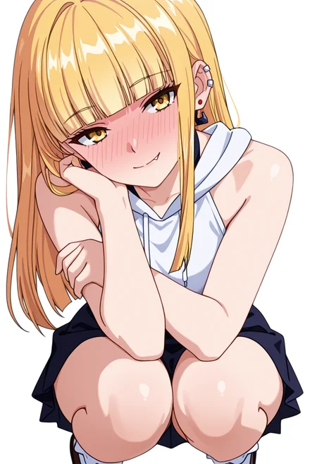 masterpiece,high quality details, absurdres,
<lora:Ruriko:0.8>enh_cnr,
ruriko_cnr,1girl, blonde hair, long hair,blunt bangs, yellow eyes, fang, ear piercing,earrings,, simple background, white background, front view,solo,, full-face blush,seductive smile,, arm draped over forehead,squatting position,slight head tilt,, sleeveless hoodie,halter top ,skirt,,bobby socks,