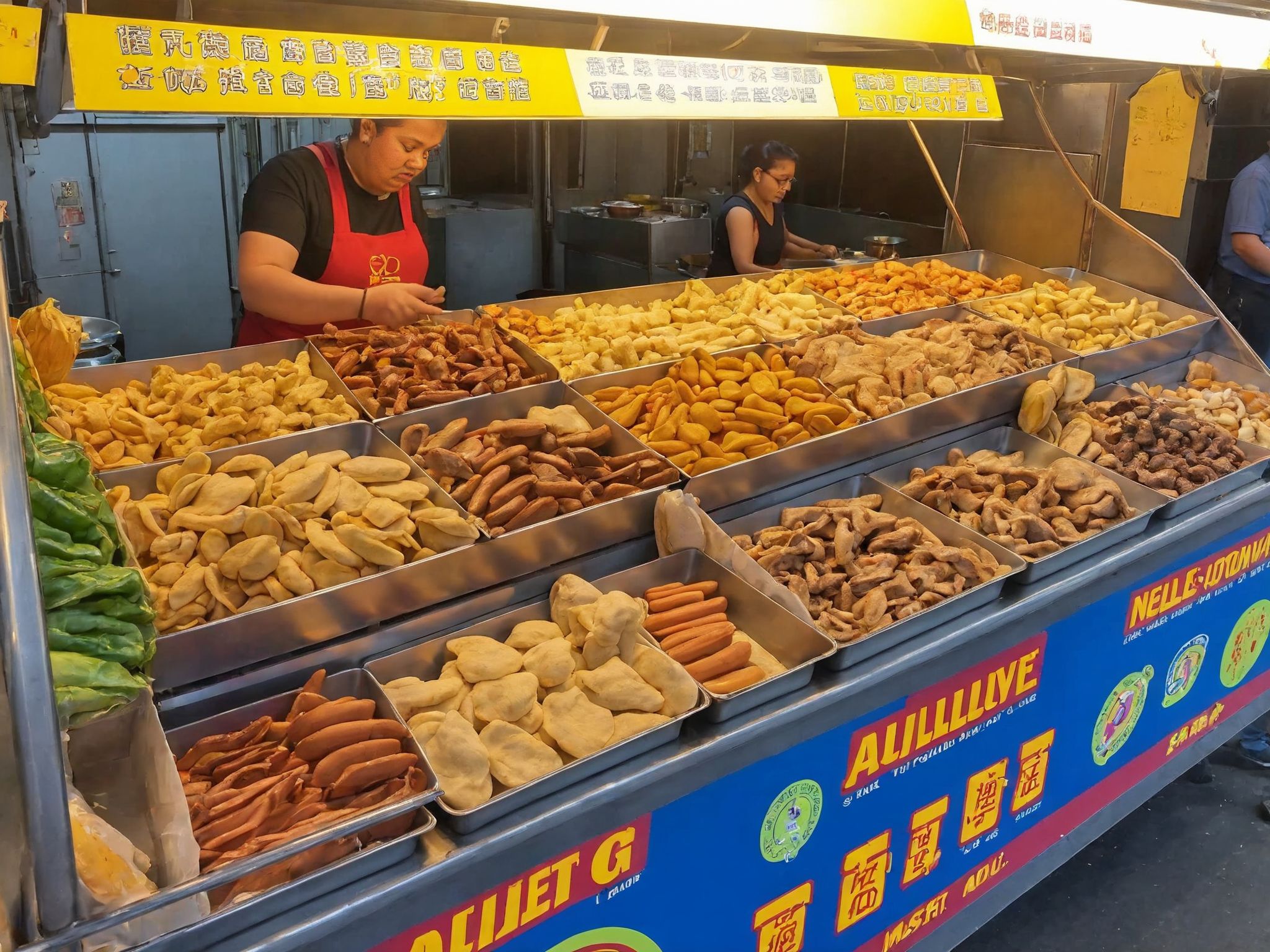 buffet,A street food , set up along a bustling sidewalk. She is actively preparing or serving food, her appearance reflecting both professionalism and beauty. The colorful and inviting stall displays a variety of local delicacies. Steam or smoke rises from the cooking equipment, adding to the ambiance. The background captures the lively street scene with pedestrians showing interest in the food. The scene should be as realistic as a high-resolution photograph, with natural lighting that highlights the vibrant colors and textures of the food, the authenticity of the street setting, and the allure of the vendor,   <lora:t9m:0.75>,night market,