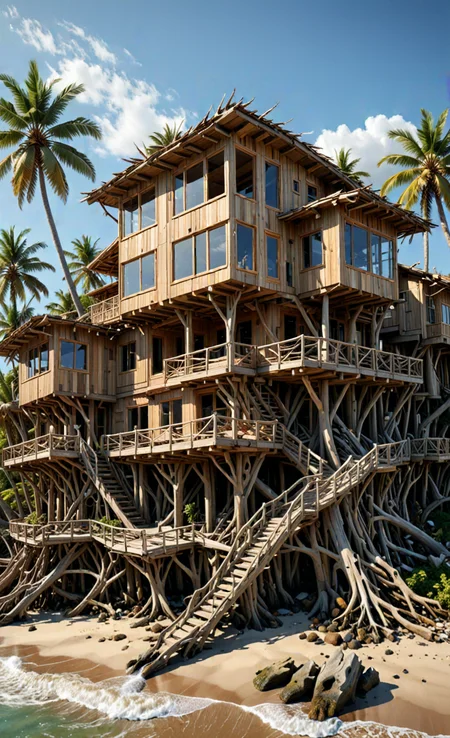 organic, tropical beach house, uneven, unconventional, Waterfall, Palm trees, modern architecture made of driftwood house on stilts, chaotic, organic design, bezier, <lora:Driftwood_Detailed_Art_-_By_DICE:1>, (Very Intricate), Epic, <lora:3D_Framed_Wall_Art_-_By_DICE:0.6>,(3D Framed, Driftwood), UHD